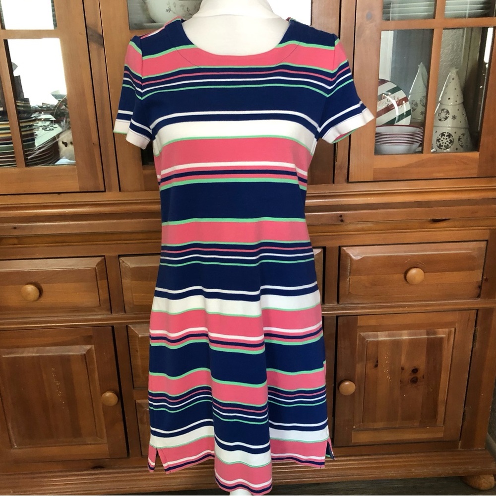 EUC Talbots Striped Navy and Pink Fit-&-Flare Dress